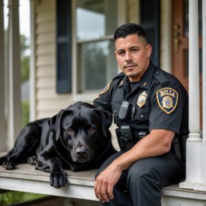 K9 Bella and Travis Mendez enjoying a peaceful retirement on the porch, a symbol of their unbreakable bond and the quiet heroism that defined Bella's life.