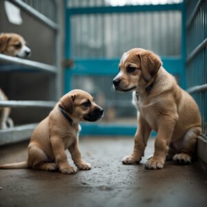 Hope, now a therapy dog, sitting beside a scared puppy in a shelter, offering silent comfort and embodying the healing power of love.