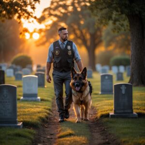  Retired Sergeant Rex, the hero dog, walking beside his handler, James, reflecting on a lifetime of service and bravery.