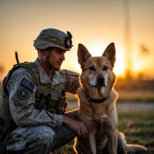 A soldier and his dog sharing a peaceful moment at sunset, a symbol of the unbreakable bond between them despite the distance.
