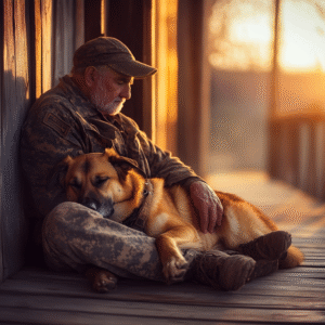 A retired soldier and his aging dog sharing a quiet, loving moment on a porch at sunset.