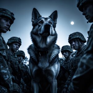 K9 Odin standing guard over his team in the mountains of Afghanistan, an image of bravery and loyalty.