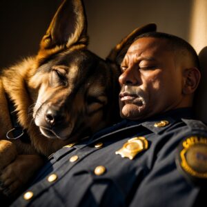 K9 Axel and Sergeant Daniels together at home, a peaceful moment of healing and reunion.
