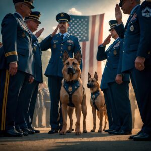 A military ceremony honoring K9 Scout and other service dogs, a tribute to their bravery and sacrifice.