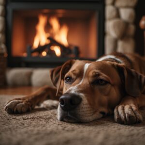 Rusty, the once-chained dog, now enjoying a cozy life beside a warm fireplace, a symbol of resilience and love.