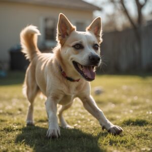 Bella enjoying her new life, playing in a sunny yard, a symbol of her transformation from abandonment to happiness.