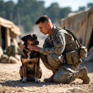  A soldier and his dog sharing a quiet, emotional moment of rest during a mission, their bond unbreakable and full of silent promise.