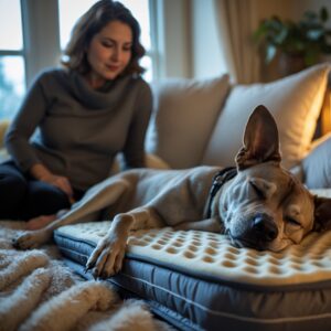 Bruno resting peacefully on a soft bed, finally safe and loved, a symbol of his journey from abandonment to happiness.