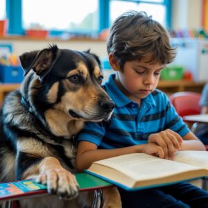 Bella, a therapy dog, providing comfort to a child in the classroom, her calming presence offering peace and security
