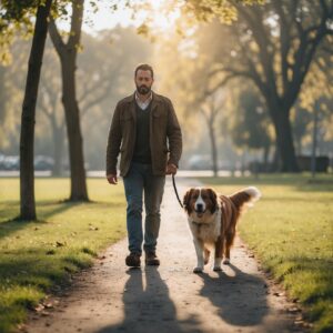 Charlie walking peacefully through a park with Daniel, showing the peaceful life he now enjoys after surviving the storm.