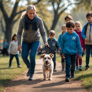 Lucky the survivor walks through a park, a living example of resilience and love, inspiring children to embrace kindness and compassion