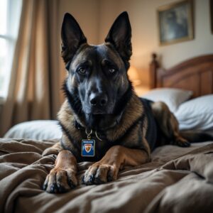 A grieving Scout, lying at the foot of Marcus’s mother’s bed, unable to move on from the loss of his beloved handler.