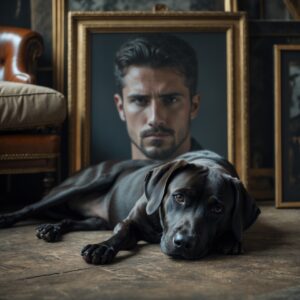 Rocco lying in front of a photo of Torres, embodying the love and loyalty that transcends death.