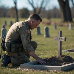 Sgt. Miller mourning beside the grave of Shadow, his loyal war dog, honoring their unbreakable bond.