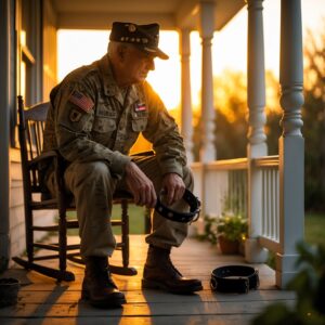 A soldier reflecting with his fallen dog’s collar in hand at sunset.