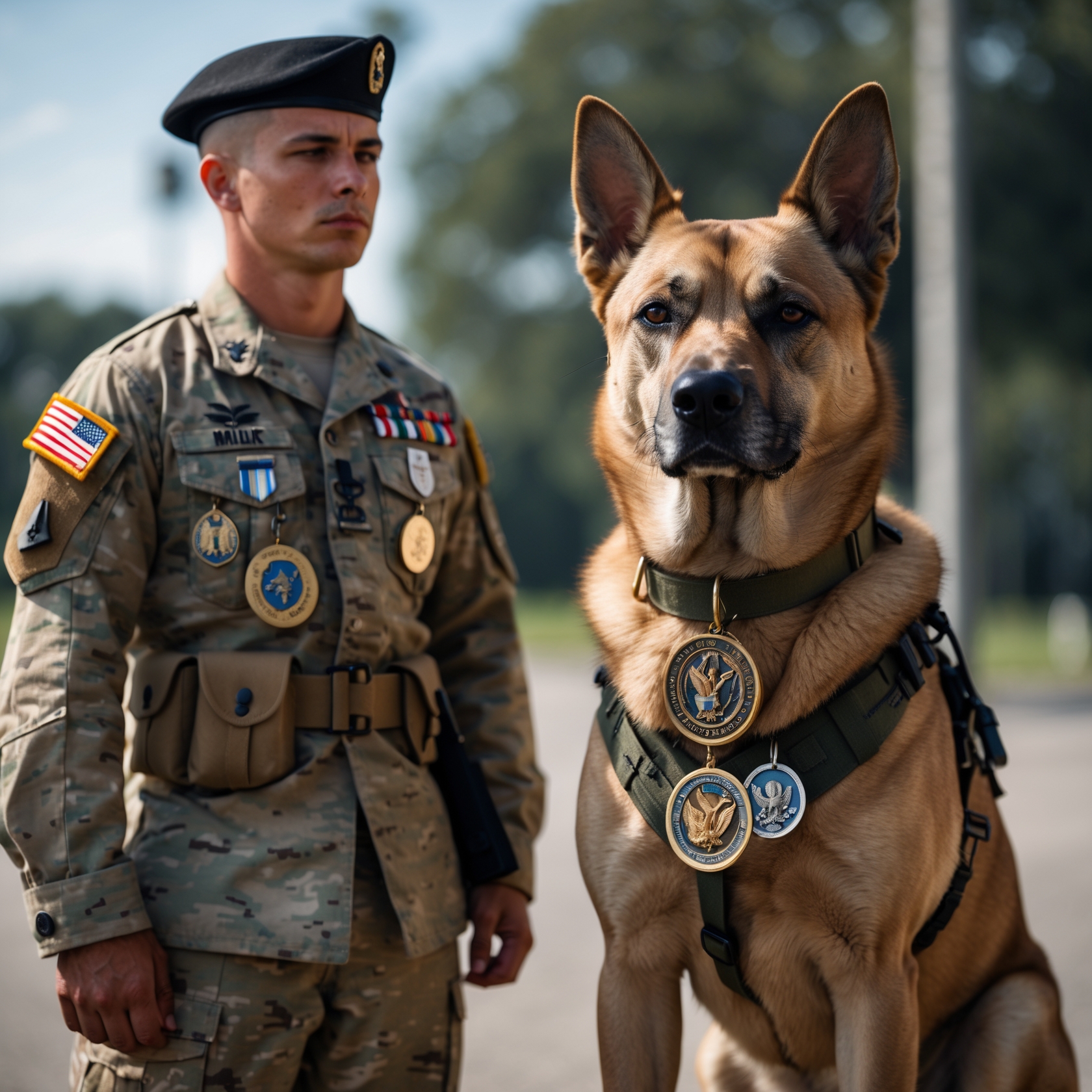 A soldier and his loyal military dog stand side by side, honored by their shared bravery and the unbreakable bond they share.