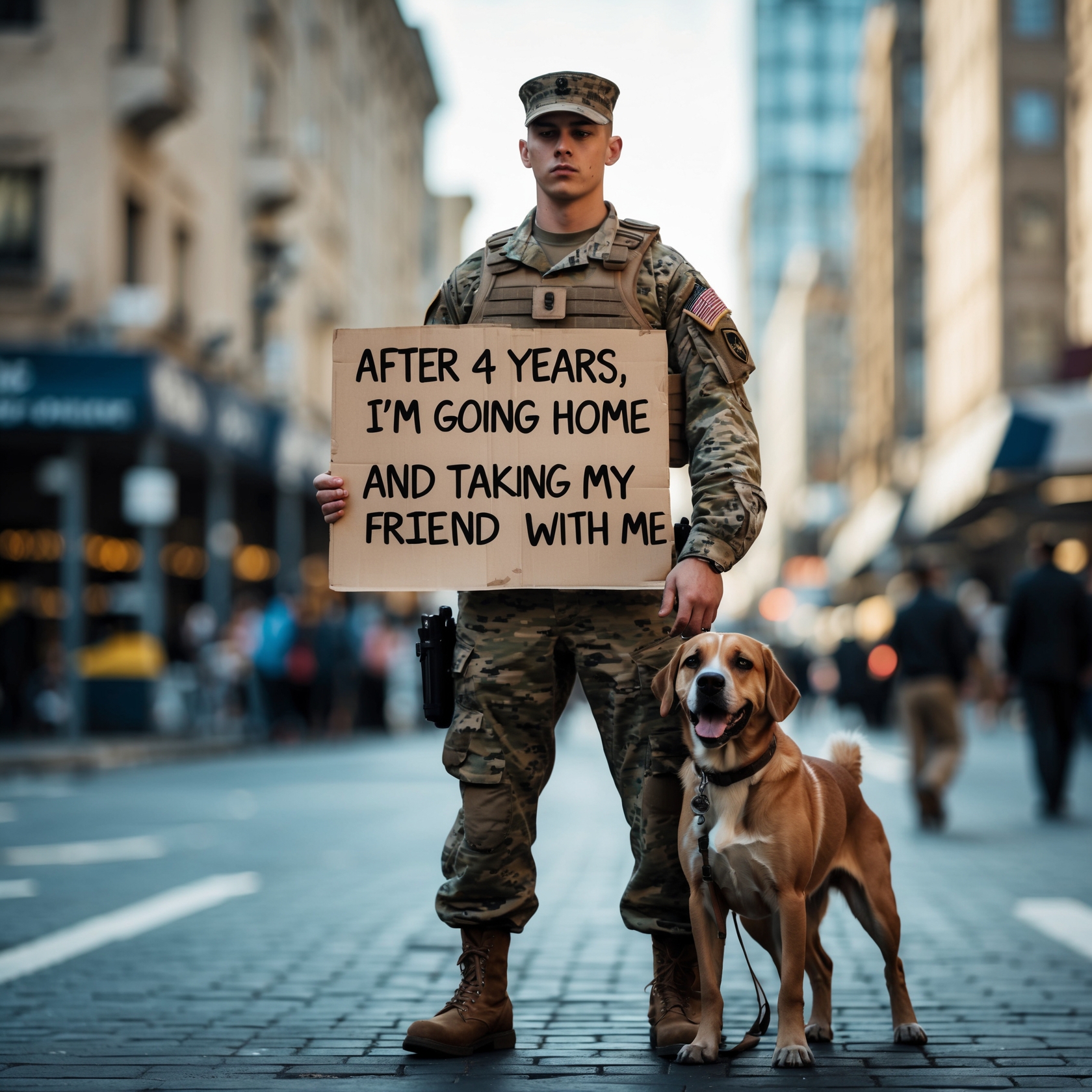 A soldier and his loyal dog, standing together in a moment of victory, with a cardboard sign marking their return home after four years of service.