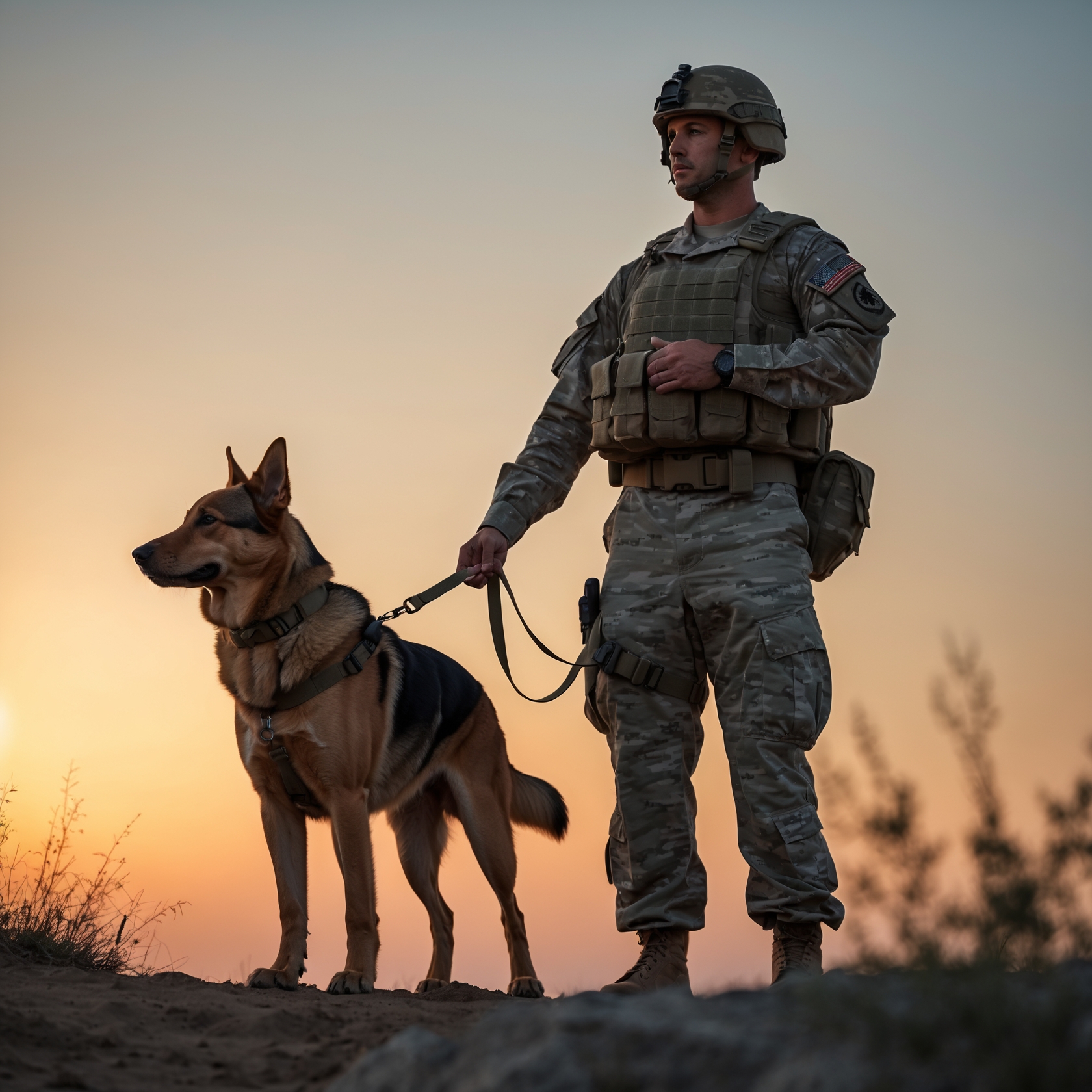 A soldier and his loyal military dog, united in a final moment before returning home, symbolizing loyalty and friendship.