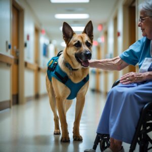 Therapy dog Luna comforting a patient in a hospital, showcasing her gentle healing presence.