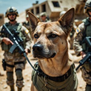 K9 Tango performing his duty as a military working dog, detecting explosives to protect his team in a dangerous mission.