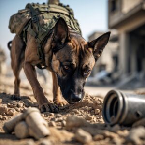 k9 dog Max on a military mission, protecting soldiers by detecting explosives, showcasing his bravery and loyalty.