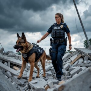  A brave K9 dog and handler working through disaster debris during a rescue mission.