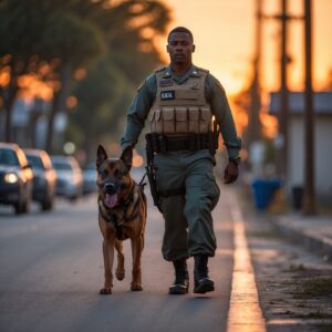 A loyal dog and his handler during a quiet final patrol, reflecting years of shared service.