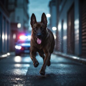 A brave police dog sprinting through danger, showcasing loyalty and fearless service.