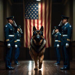 A heroic dog walks his final path through the police station, surrounded by solemn respect and gratitude.