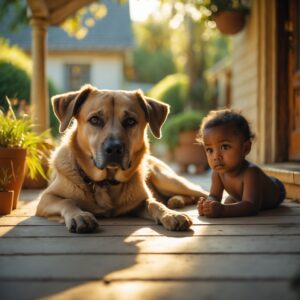 A retired dog relaxing in peaceful surroundings, beginning his next chapter after a life of rescue missions.