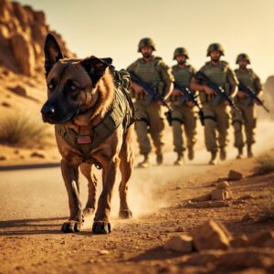 A brave dog leading soldiers through dangerous terrain, focused on detecting hidden threats during a mission.