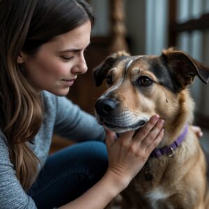 A woman gently petting a senior dog who is learning to trust again, with a soft expression of hope.