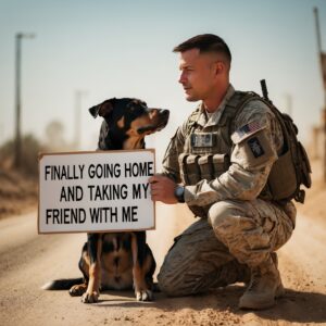 A soldier and his military dog sharing an emotional moment before departing, with a cardboard sign marking their final mission together.