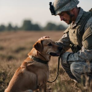 A soldier and his dog share an unspoken moment of recognition, honoring the loyalty and courage they’ve shown side by side.