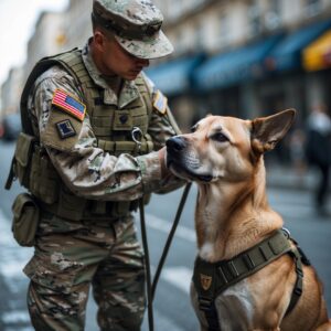 A soldier and his dog share a quiet moment of recognition, the dog’s harness symbolizing their journey together through war and loyalty.