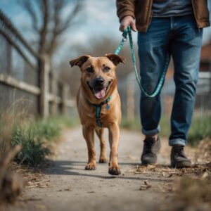 Ziggy walking proudly on a leash with his new family, embracing his newfound confidence and joy.