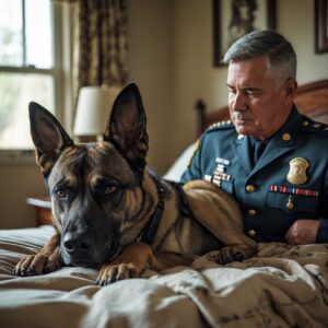 A retired military dog resting peacefully at home with his handler, enjoying his well-earned retirement.