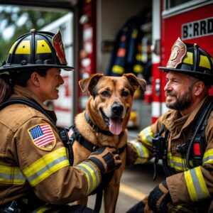 Buster relaxing with the firefighters, enjoying the quiet moments after years of service.