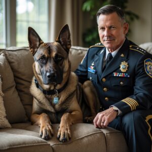 Dog Rex enjoying the peaceful life of retirement, resting on the couch with his handler.