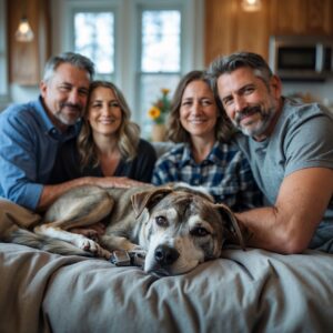 Buddy, the rescued stray, resting peacefully in his new home, surrounded by his loving family.