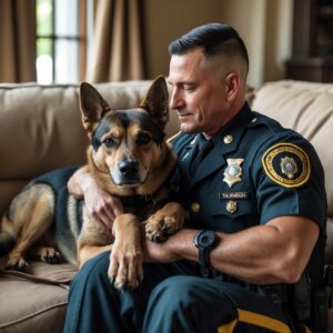 K9 Tango peacefully resting beside Sergeant Thompson, symbolizing the deep bond of friendship and loyalty after a life of service.