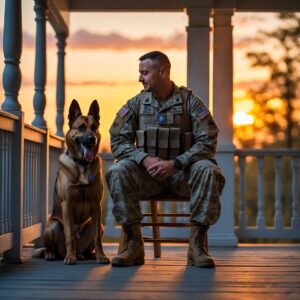 Sergeant Miller and Max sharing a peaceful, healing moment together on the porch at sunset, symbolizing their unbreakable bond.