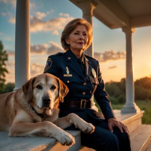 A retired dog and handler share a quiet moment on the porch, bathed in golden evening light.
