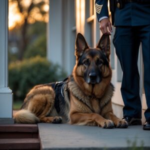 A retired K9 dog resting peacefully beside his handler, reflecting a life of service.