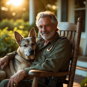 A retired police dog enjoying peace with her handler, reflecting a story of love and lasting loyalty.