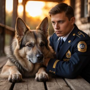A retired police dog resting peacefully beside his handler, symbolizing a lifetime of service and unwavering loyalty.