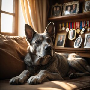 A retired military dog enjoying calm after years of service, surrounded by love and legacy.