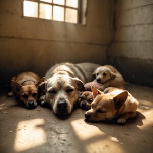 A senior dog comforts anxious shelter dogs, offering peace and quiet companionship after a lifetime of heroic service.