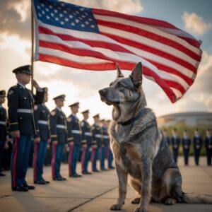 A retired military dog honored in a patriotic ceremony, symbolizing a lifetime of loyal service and national pride.