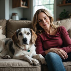 A senior dog resting peacefully beside her owner, enjoying the warmth of a loving home, symbolizing her transformation.